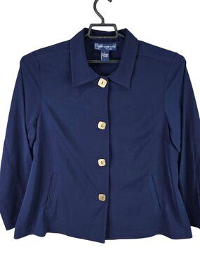 Womens Susan Graver Style Navy Button Front Jacket Polyester Blend Stretch L